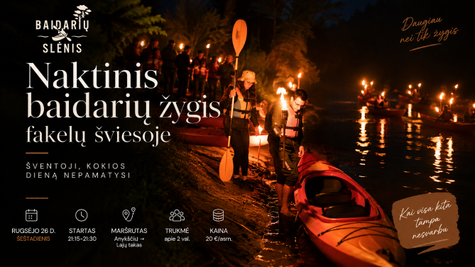Naktinis baidarių žygis fakelų šviesoje